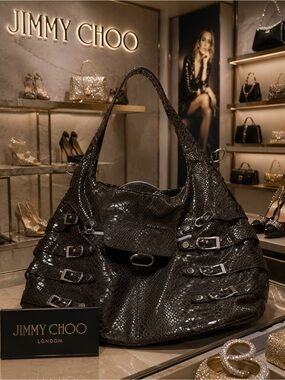 Jimmy Choo Black Patent Snakeskin Hobo with Buckle Accents